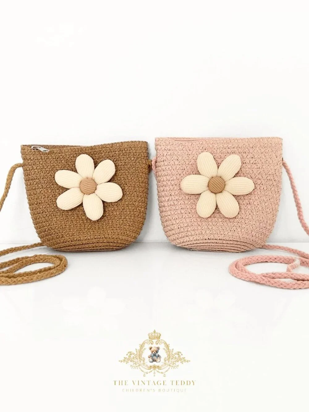 NWT Adorable Girls Straw Handbag Kids Accessories Shoulder Bohemian Flower Pink